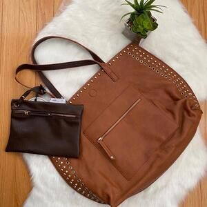Impressions Stylish Brown Studded Tote Bag with Inner Pouch
